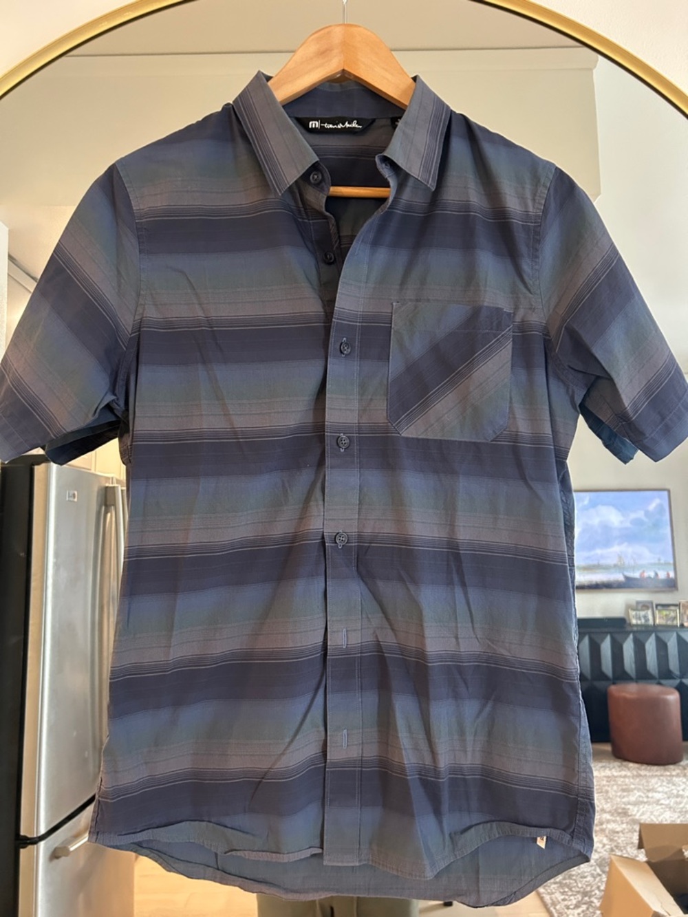 Travis Mathew Men's Short-Sleeve Button-Up in Navy and Teal Stripe